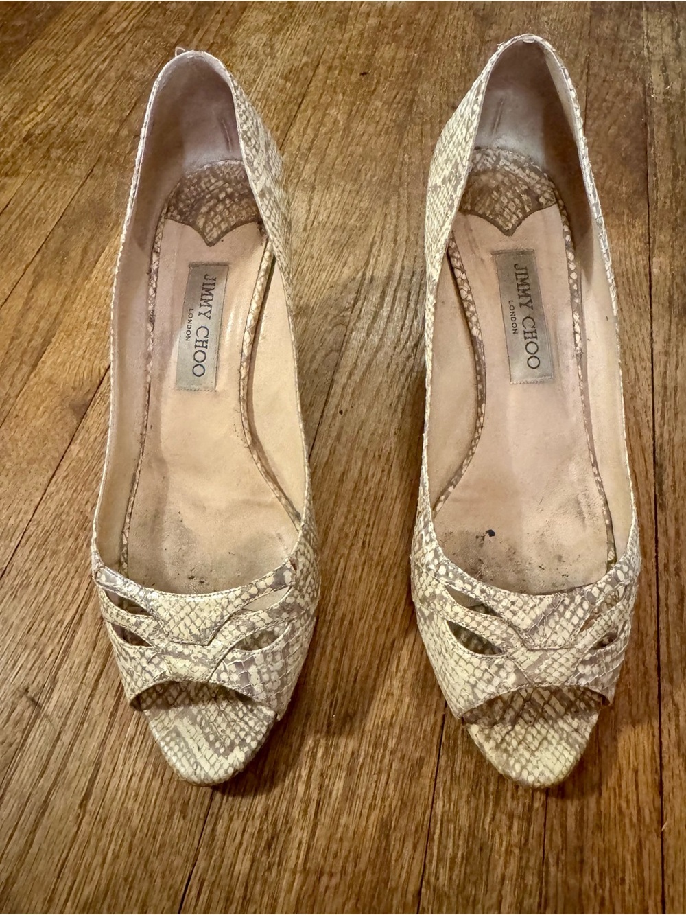 Jimmy Choo Beige Snake-Print Peep Toe Heels - 40.5
